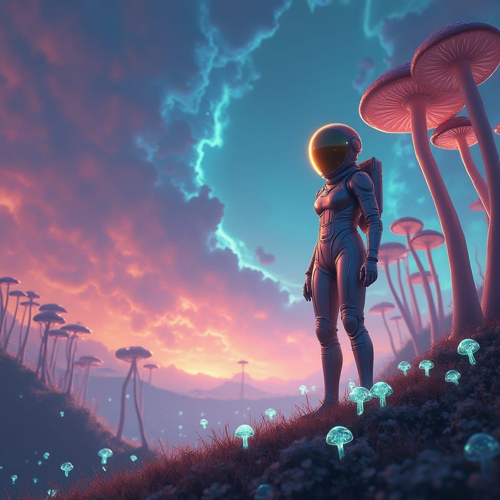 Heroic Space Explorer on an Alien World with Glowing Mushroo...