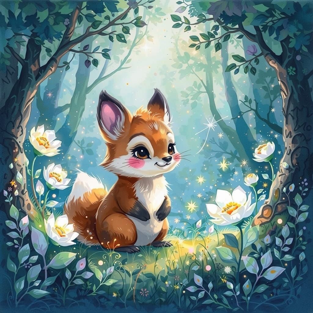 Cute Forest Creature in Bioluminescent Flora Painting