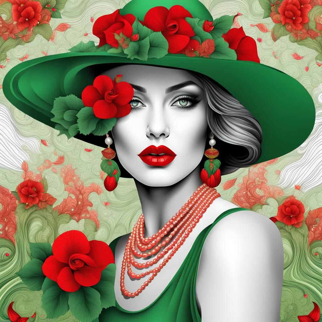 Elegant Woman with Hat in Abstract Fractal Style