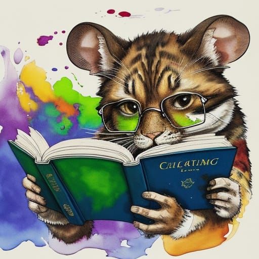 Blooper: A mouse wearing glasses reading a book in a library