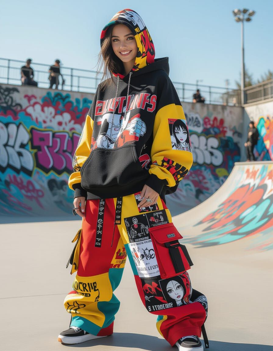 Cyberpunk Street Style Woman Posing in Skate Park