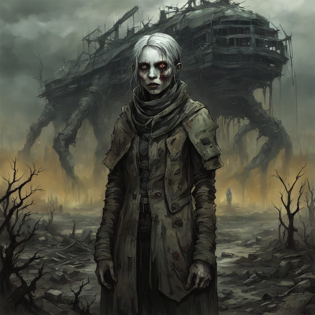 Undead Female in Desolate Post-Apocalyptic Landscape