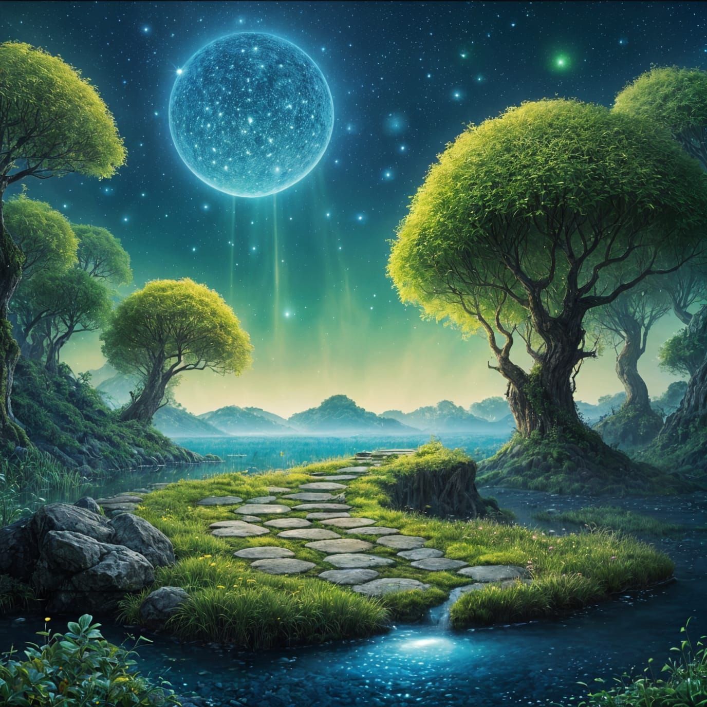 Surreal Green Pathway Ascends to Heavenly Light