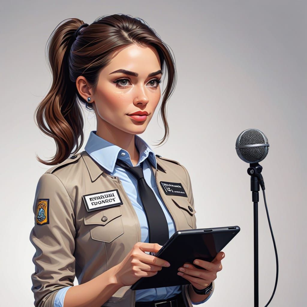 Cartoon Style Journalist with Microphone and Tablet