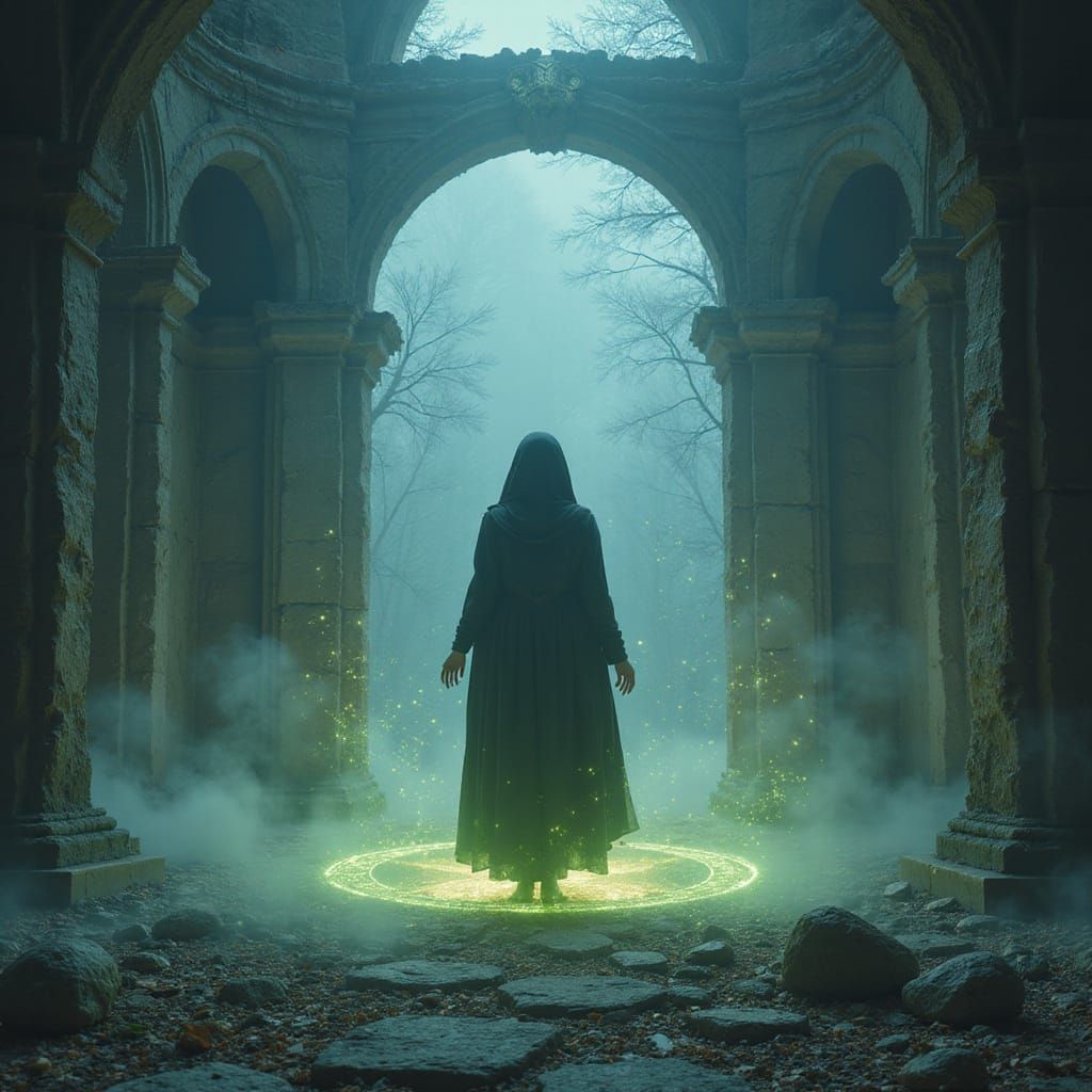 Mystical Spellcaster in Ancient Ruins with Glowing Magical S...