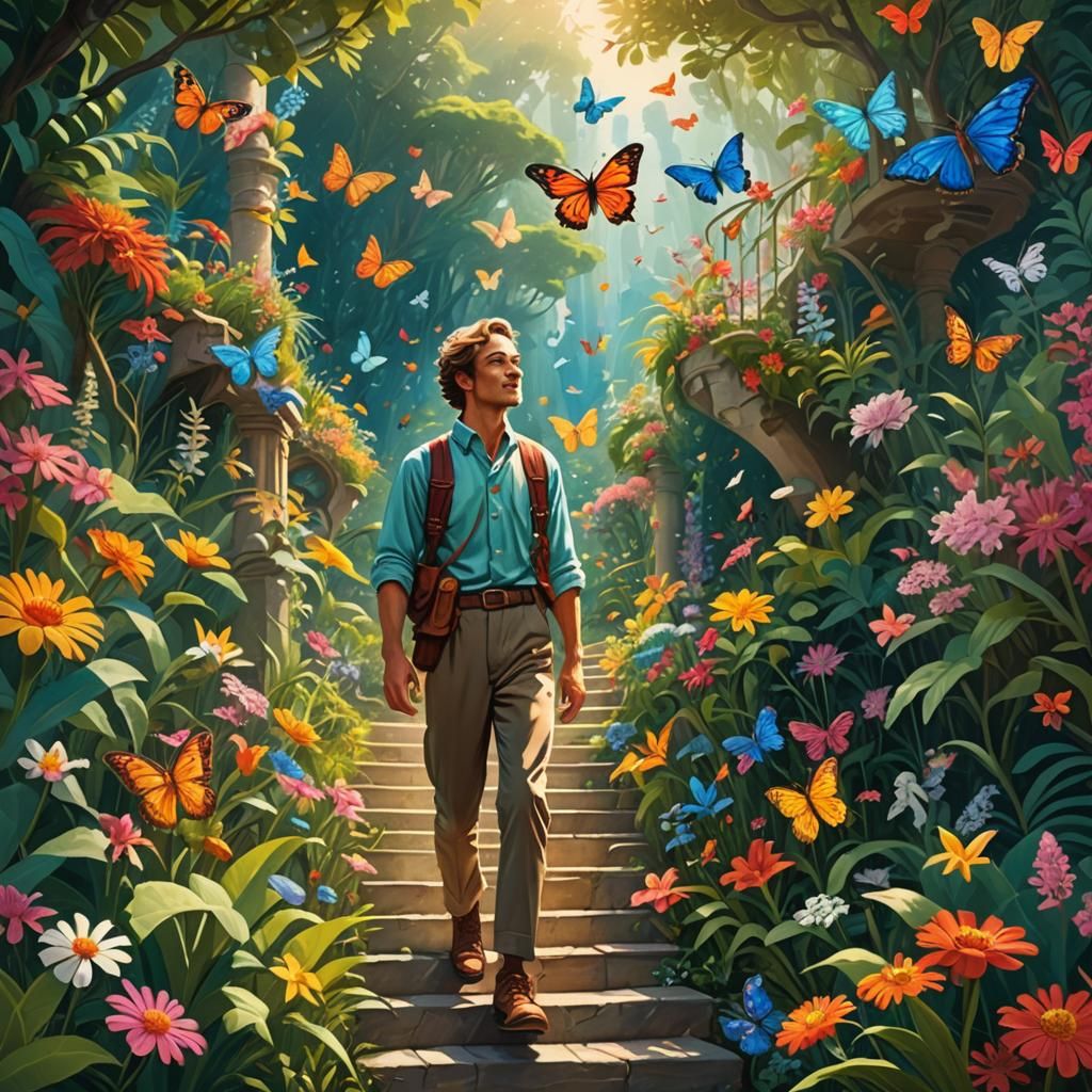 Victorious Adventurer in a Fantastical Garden