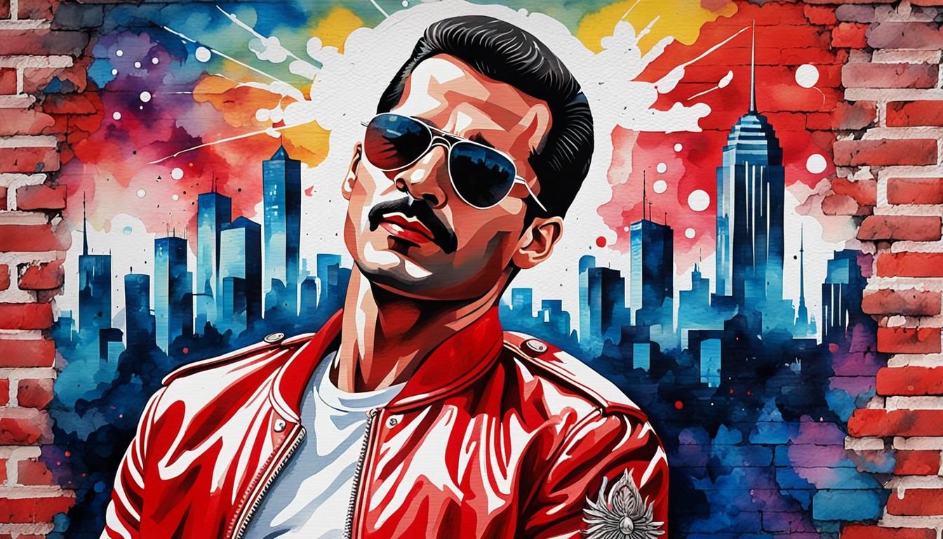 Freddie Mercury Portrait with Fantasy Mural, Pop Art