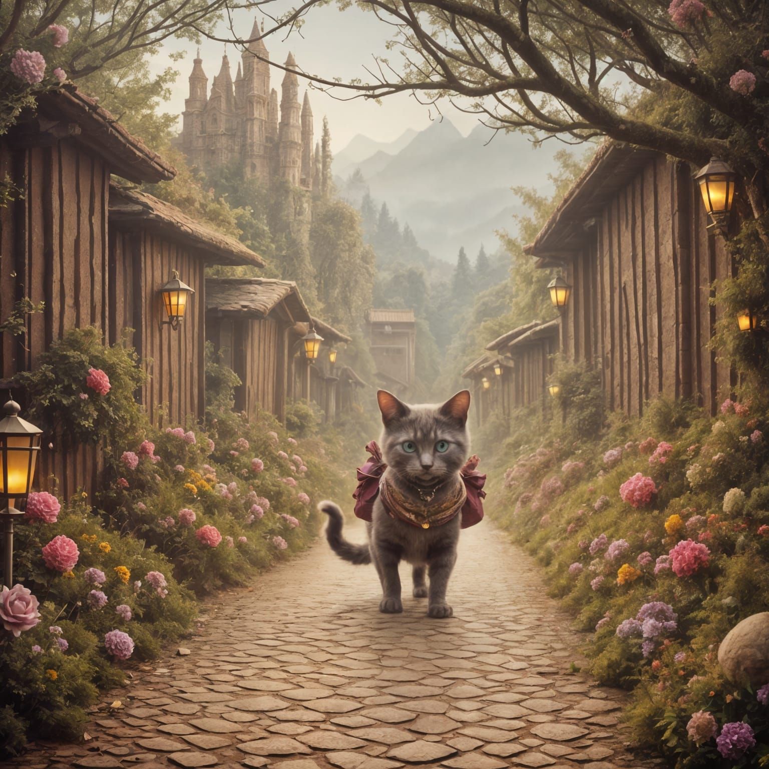 Cat on Cobblestone Road