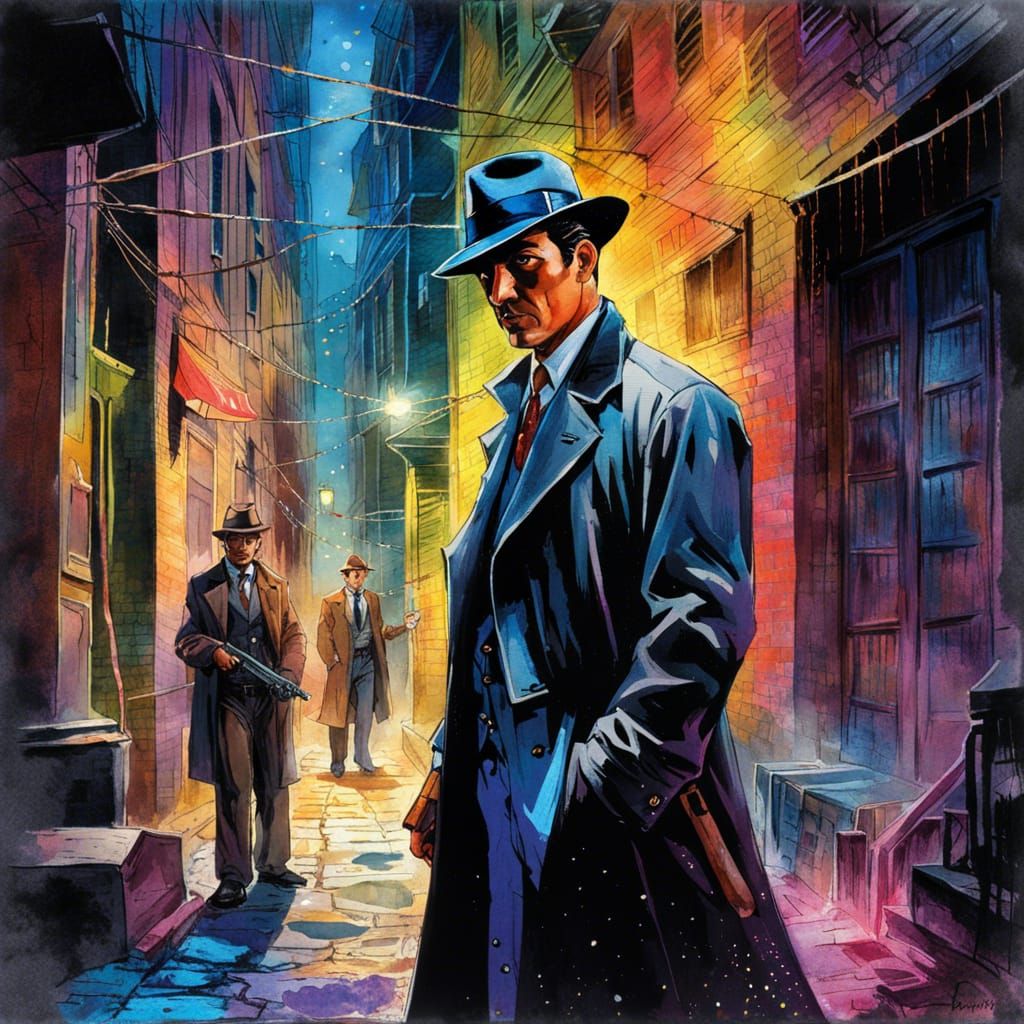 Film Noir Detective in Sparkling Watercolor Alley