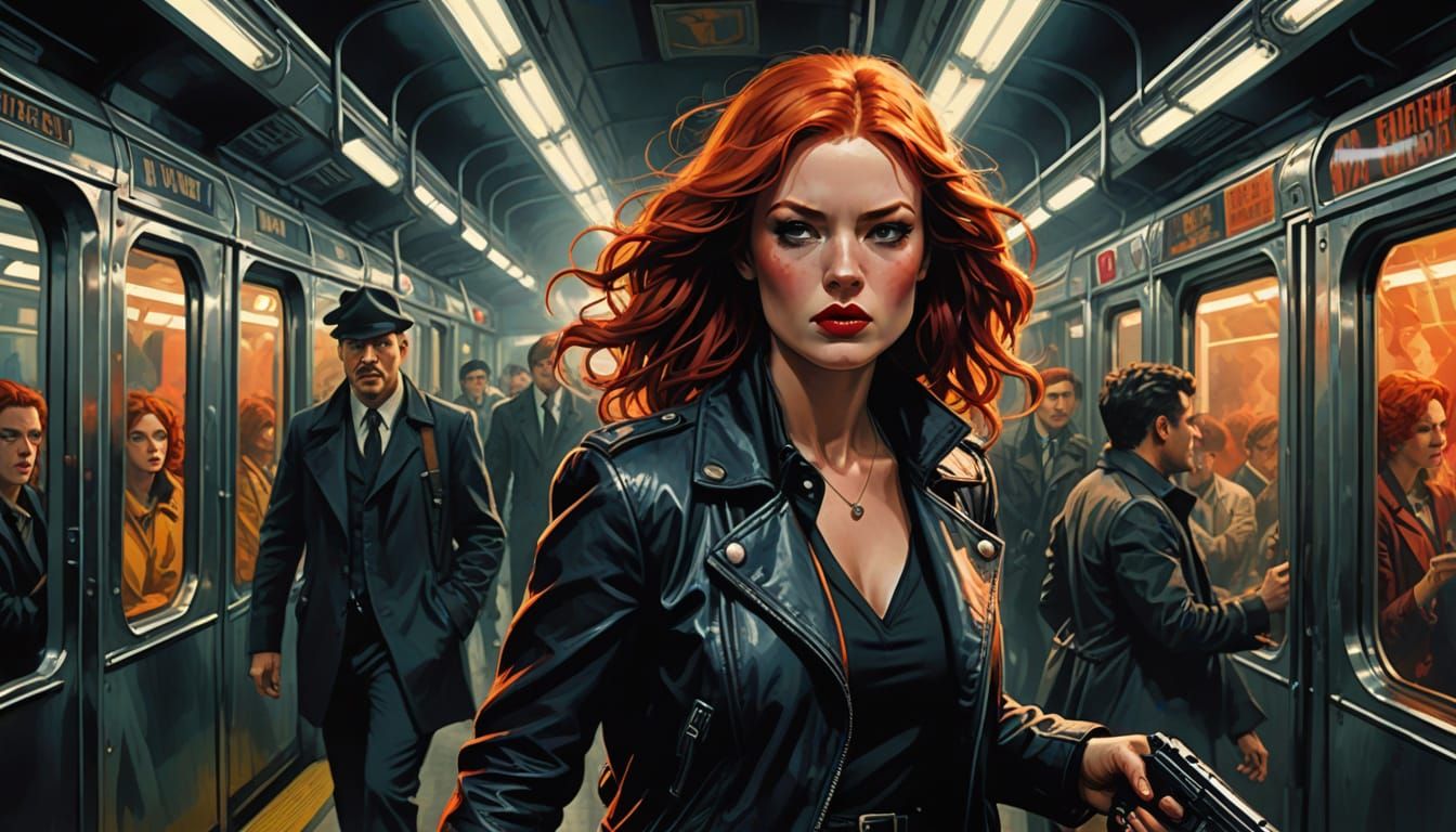 Redhead with Gun in Subway: Comic Book Style Art