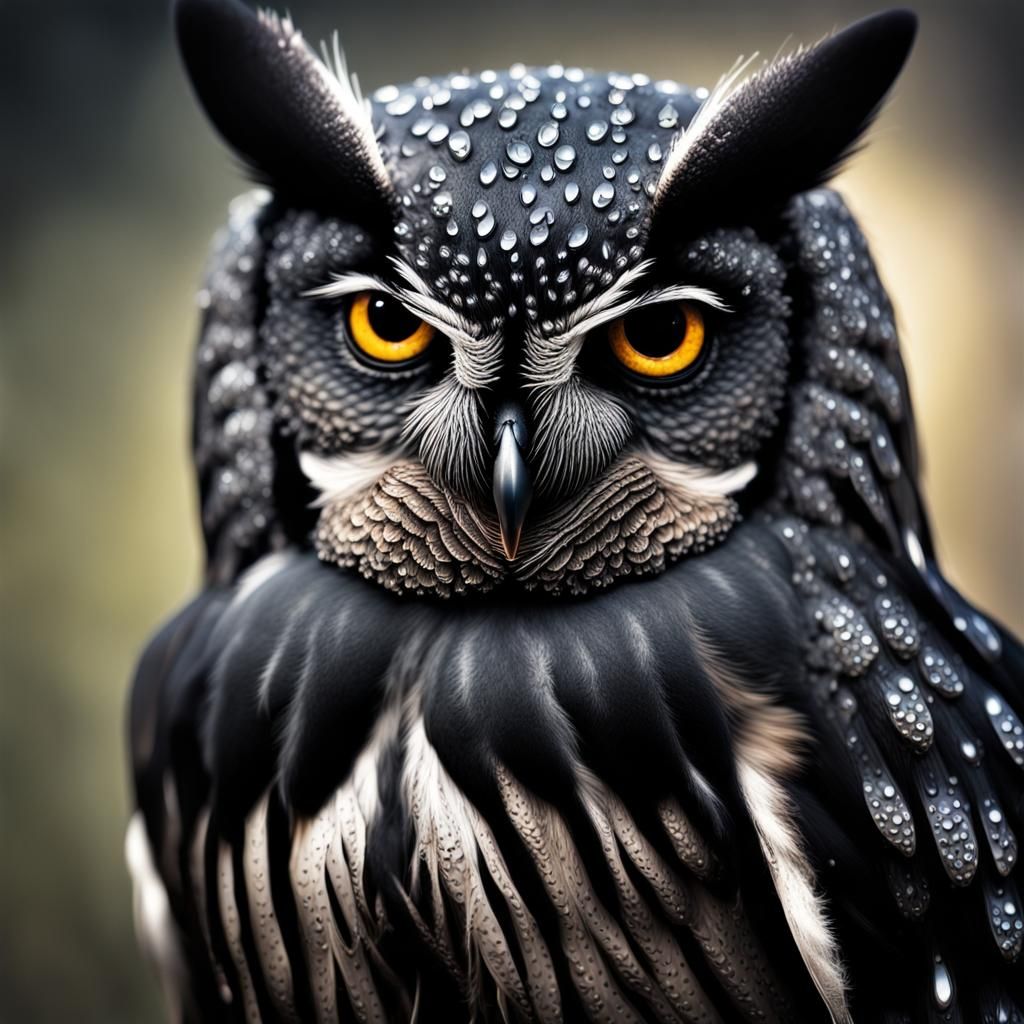 Hyperrealistic Black Owl with Water Droplets
