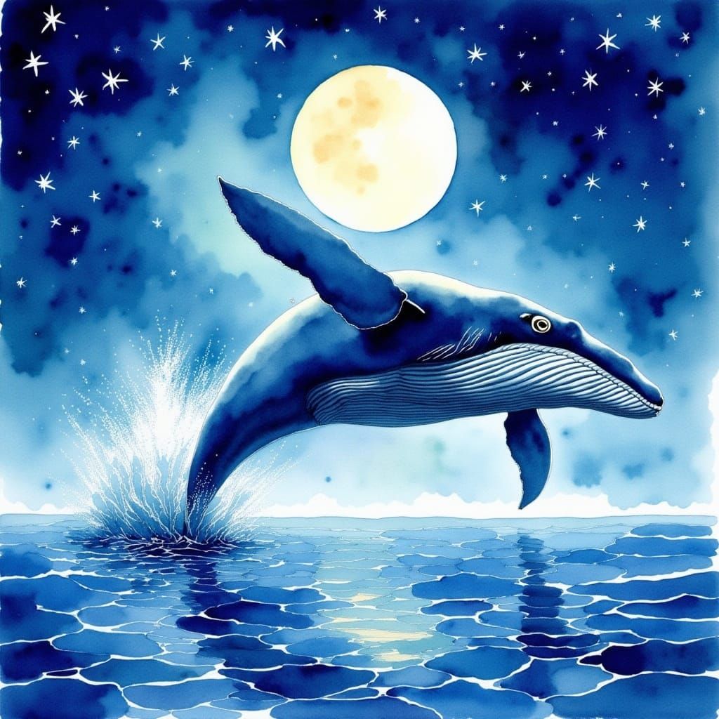 Dreamy Watercolor Whale in Moonlit Sky