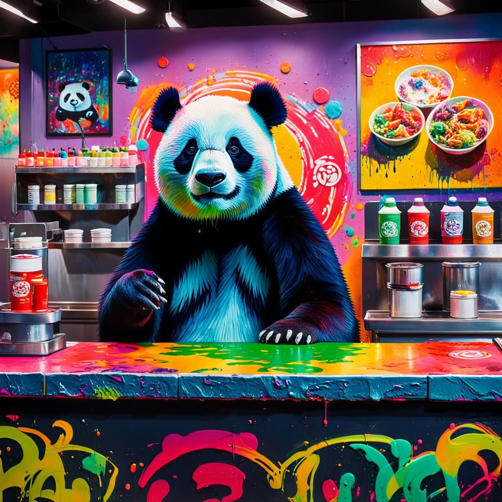 Panda Bear Working at Panda Express in Street Art Style
