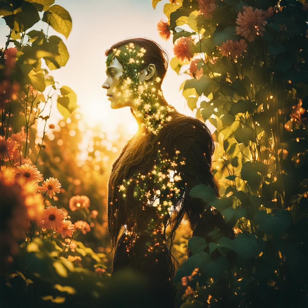 Ethereal Figure in Garden, Double Exposure