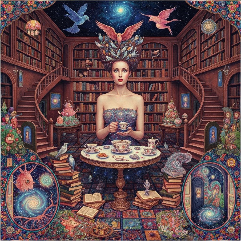 Surreal Tea Party in Library with Birds, Maximalist Art