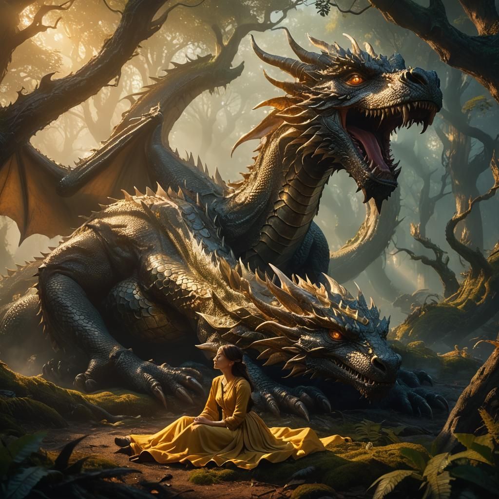 Girl Sleeping Beside Dragon in Mystical Forest