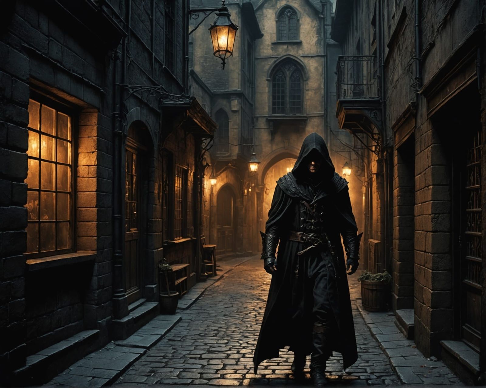 Gothic Tavern: Hooded Figure in Moody Alley