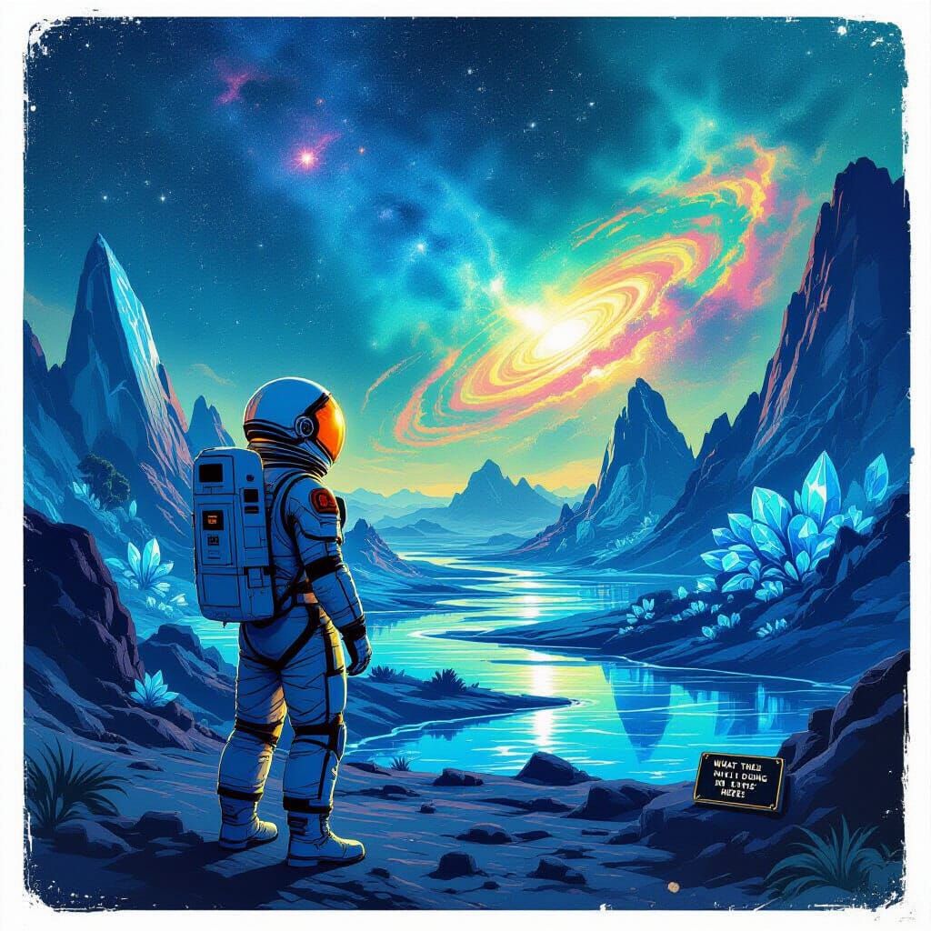 Astronaut on Crystal Planet Gazing at Nebula Sky
