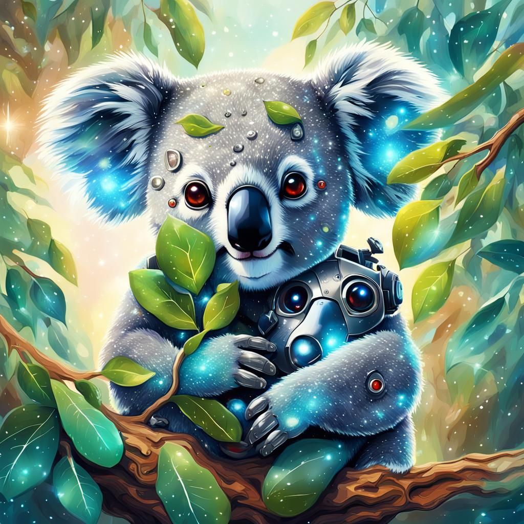 Cyborg Koala Embraced by Real Koala in Surreal Scene