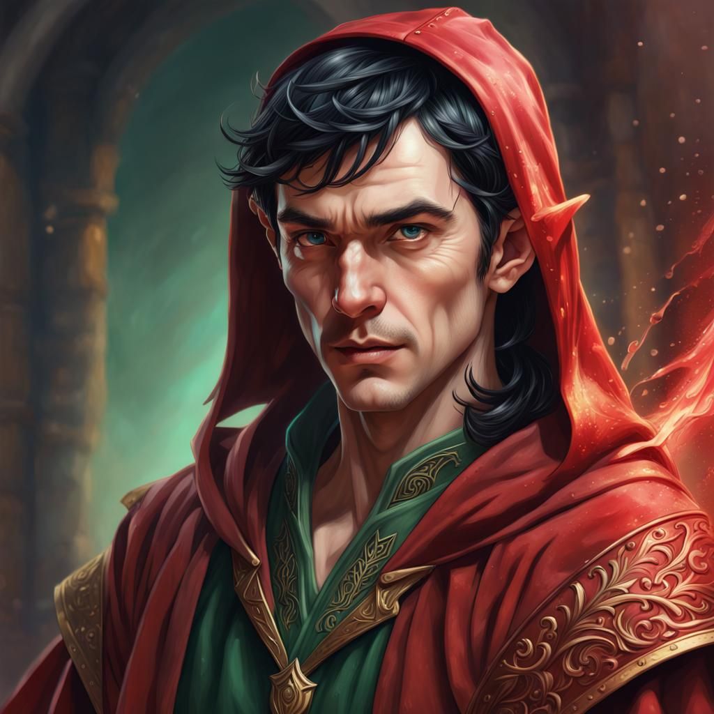 Male Elf Wizard in Red Robes: Hyperrealistic Concept Art