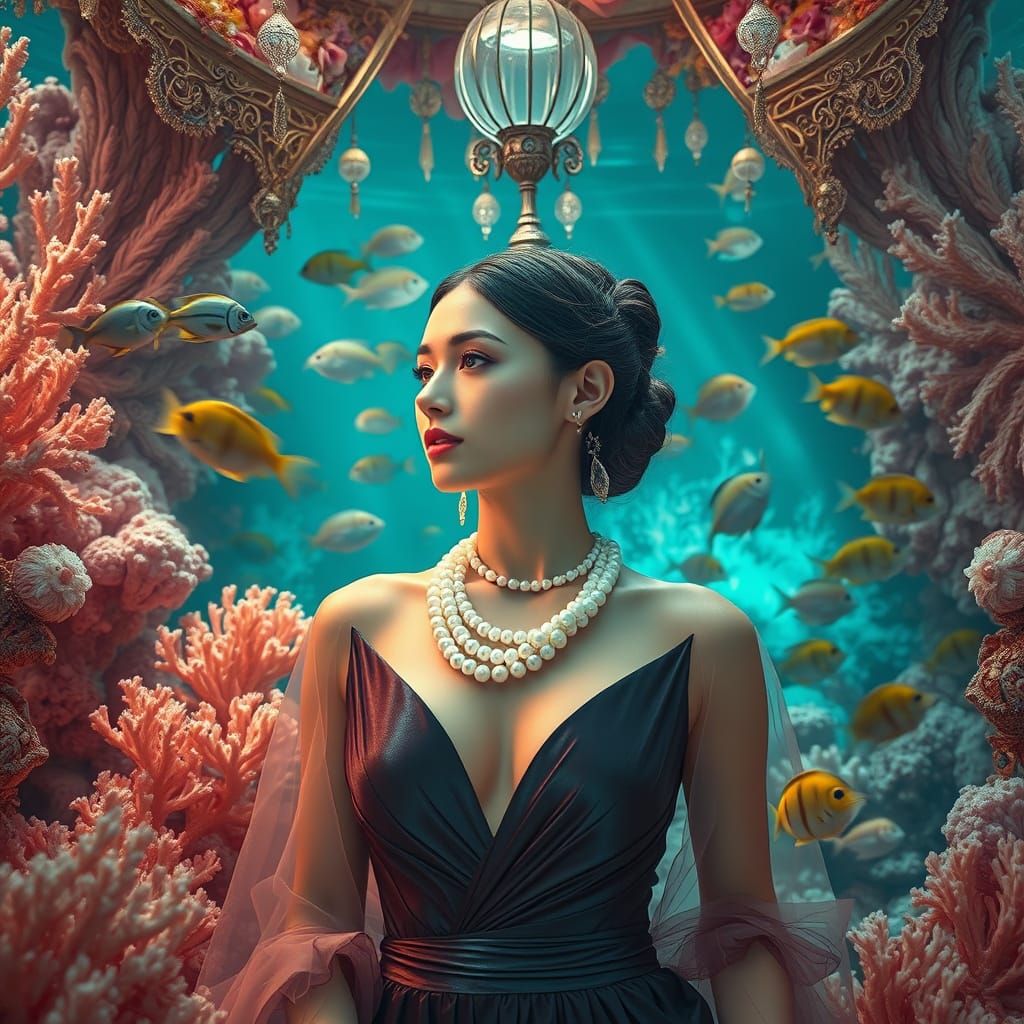 Underwater Glamour: Woman in Lavish Coral Decor