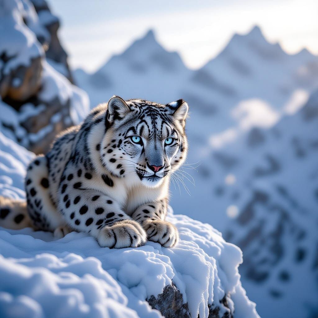 Snow Leopard on Frosty Ledge in Golden Light