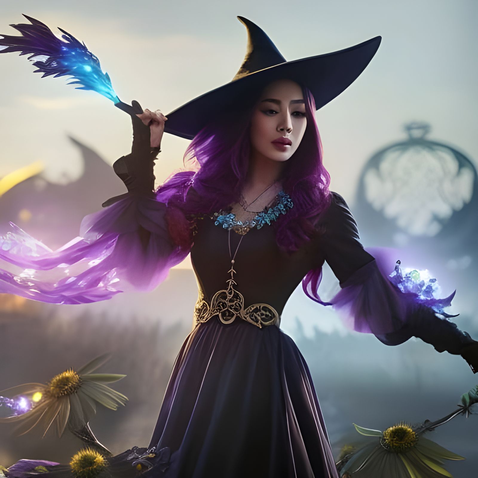 Lightning Witch Portrait in Watercolor Style