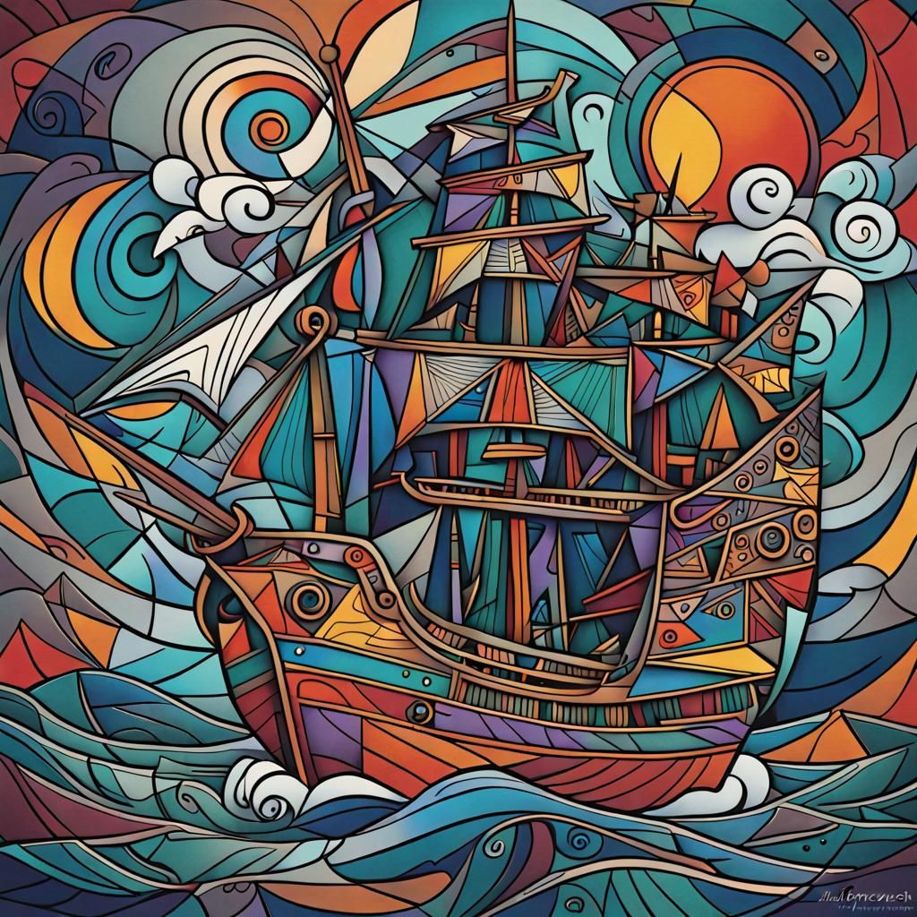Picasso-Style Pirate Ship in Abstract Cubism