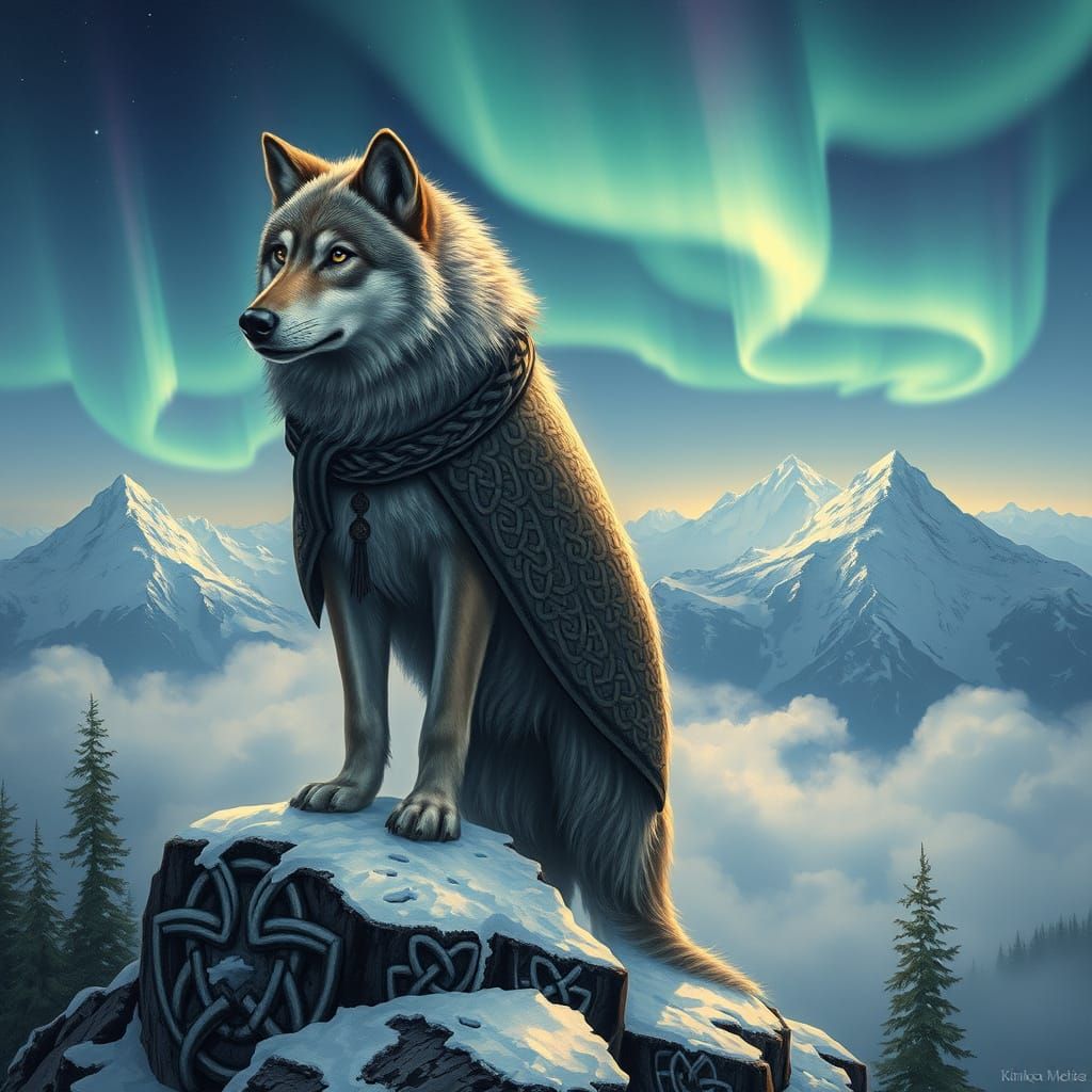 Celtic Wolf on Snowy Peak with Aurora