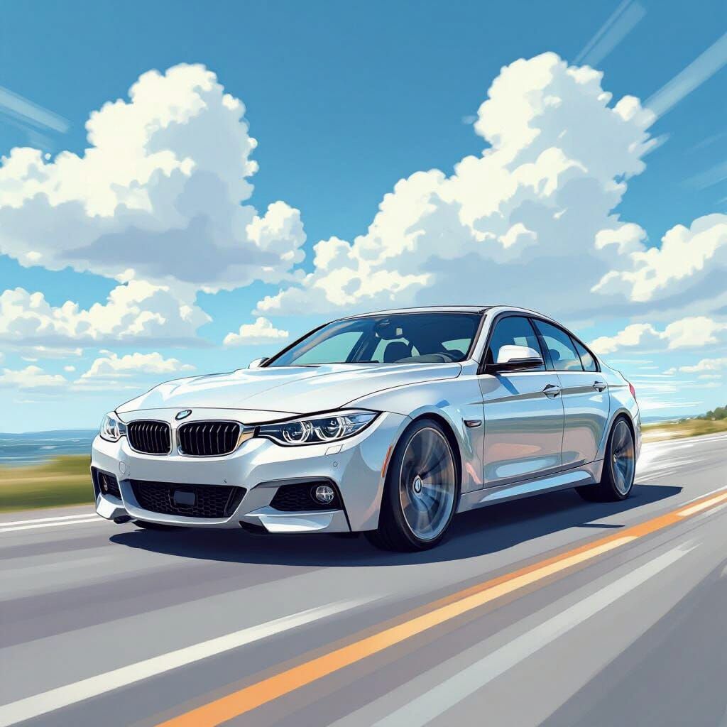 Silver BMW Flying Through Blue Sky, Stylized Digital Art