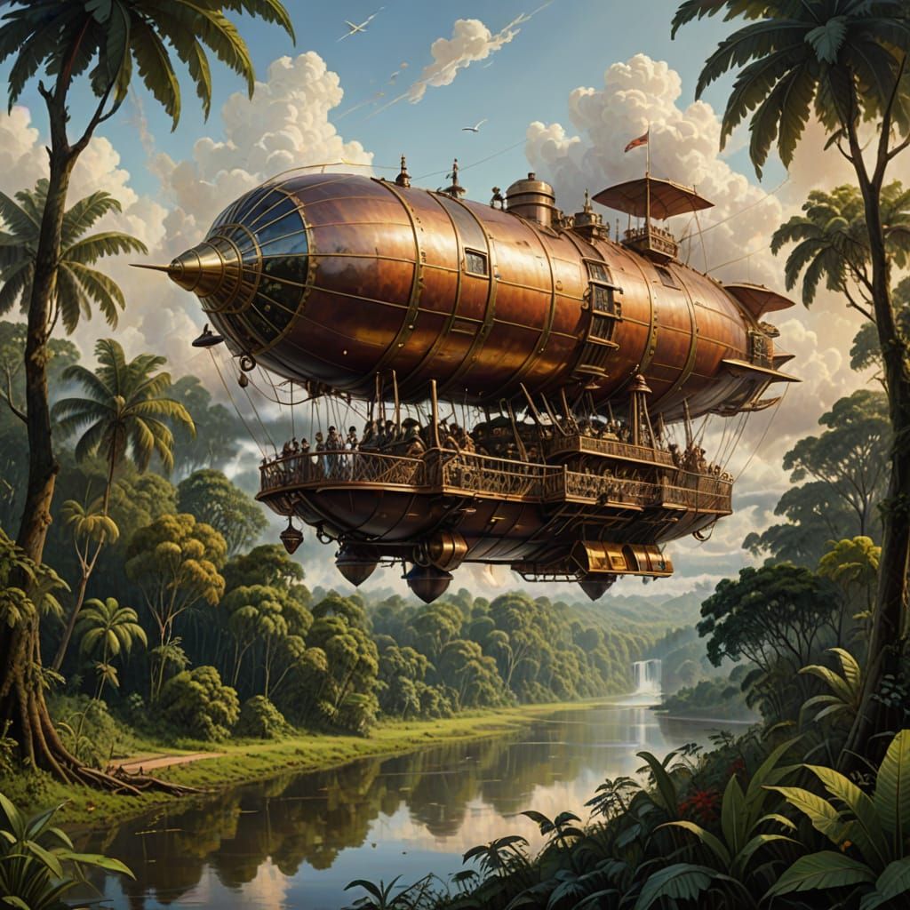 Steampunk Airship Over the Amazon River
