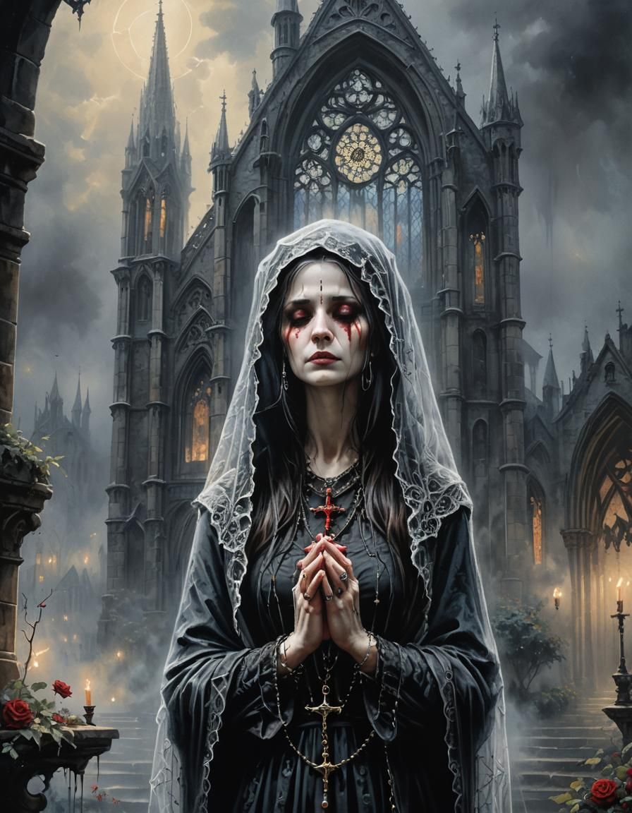 Creepy Gothic Cathedral: Veiled Woman in Ink