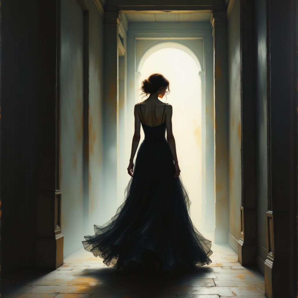 Mysterious Woman in Ornate Gown in Dim Hotel Corridor