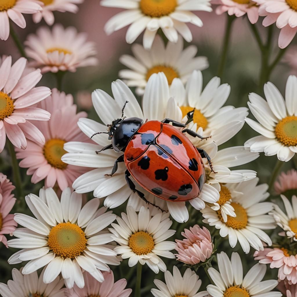 A big Lady bug sitting on pedal of beautiful daisy