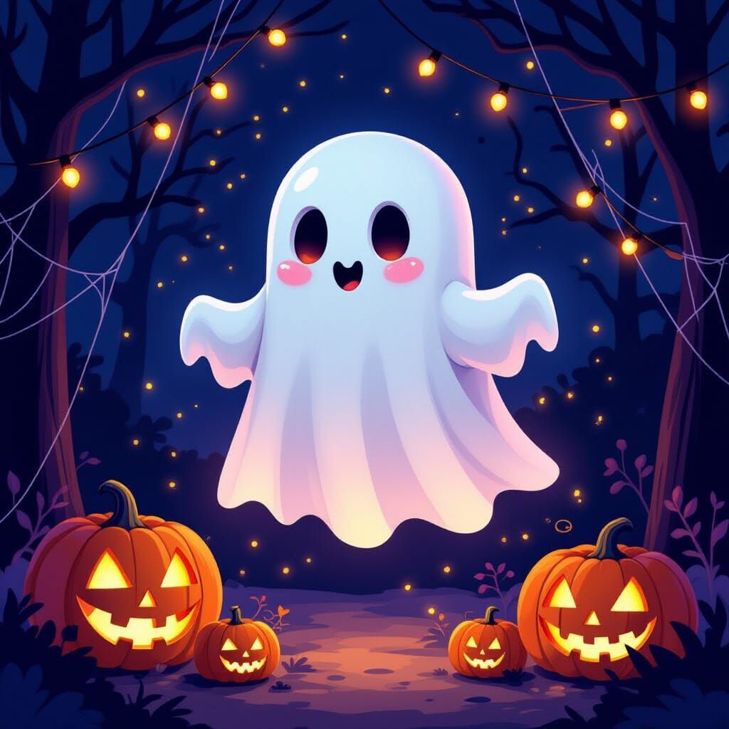 Whimsical Ghost and Jack-o'-Lanterns Halloween Scene