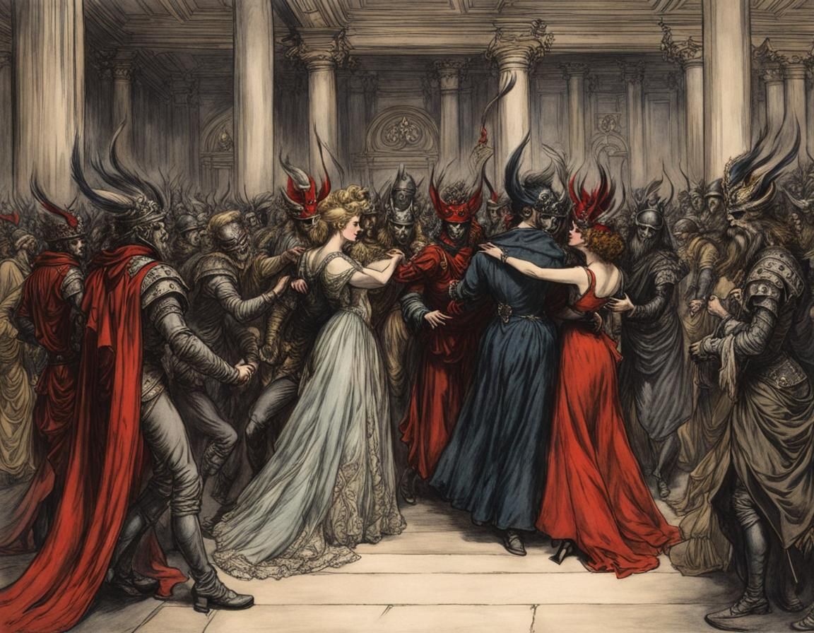 Demons and Roman Senators intermingle in the ballroom at a masquerade party #1