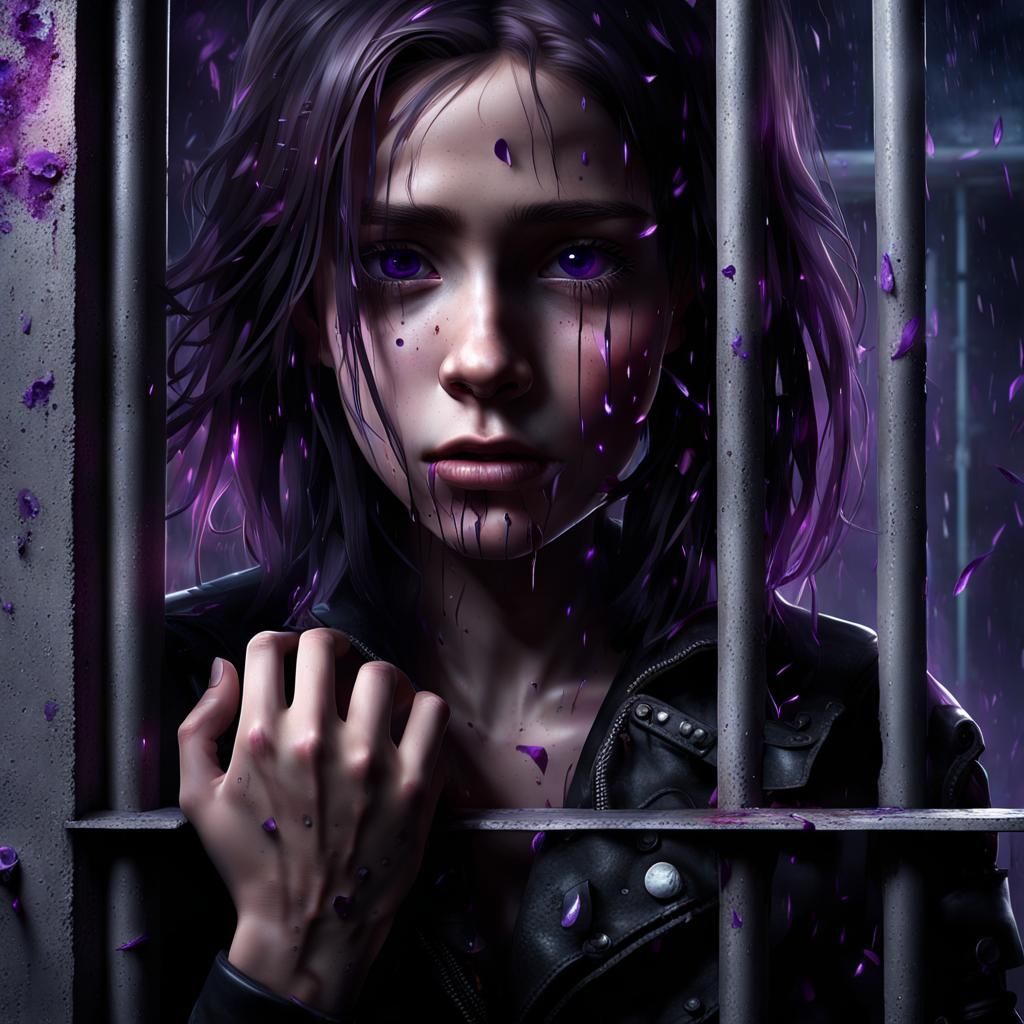 Crying Girl with Purple Eyes in Concrete Cell
