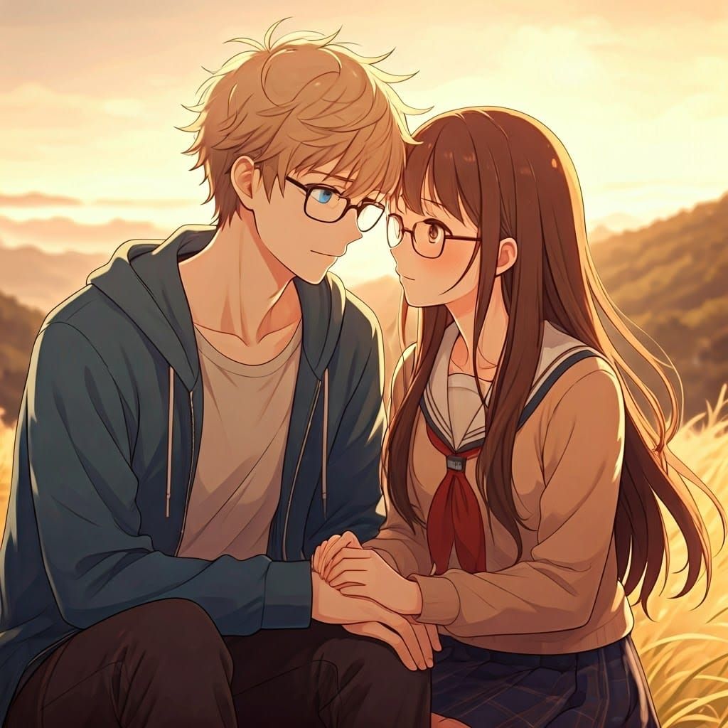 Anime Couple Holding Hands on Serene Hillside