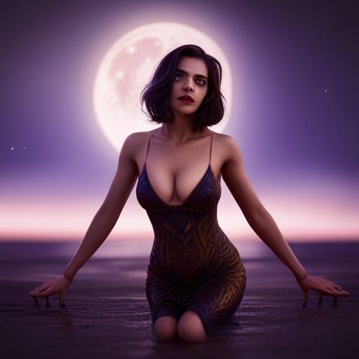 Sensual Woman Under Stars: Detailed Matte Painting