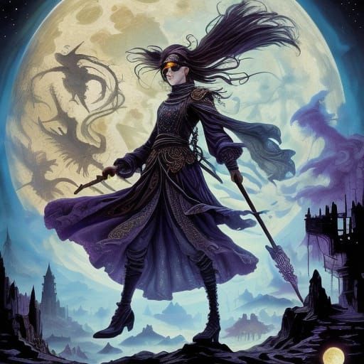 Young Witch Flies Over Village on Tuned Broom in Moonlight
