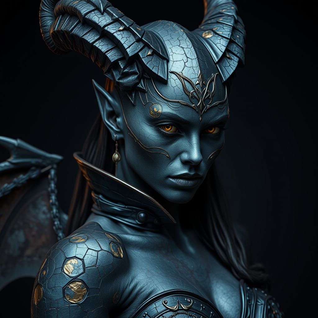 Majestic Demoness in Obsidian Hues with Golden Inlay, Adorne...