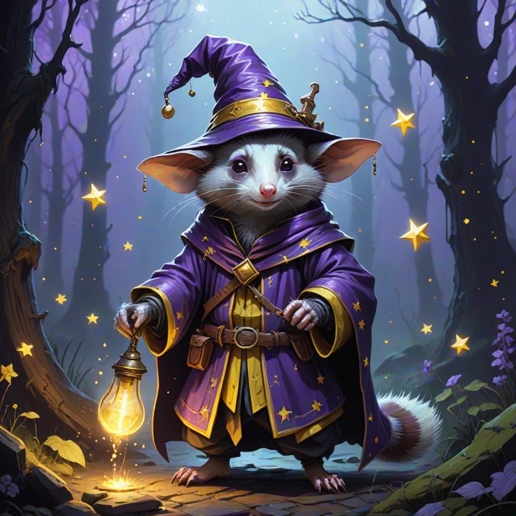Ethereal Opossum Wizard in Dark Fantasy Regalia