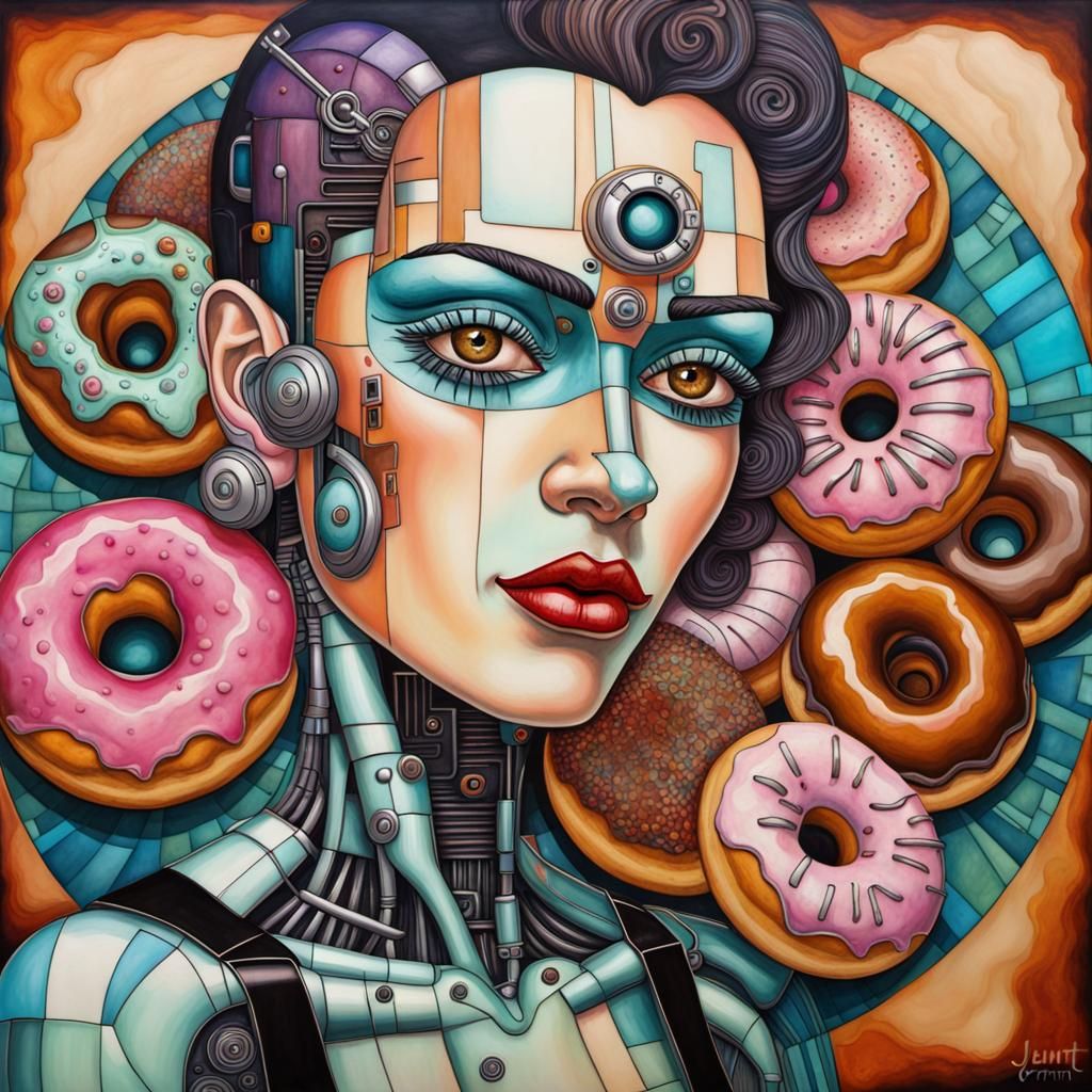 Cyborg in Retro Donut Shop: Cubist Cel-Shaded Art