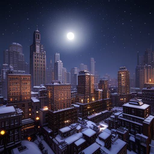 Snowy City with Golden Skyscrapers in Ultrarealistic Style