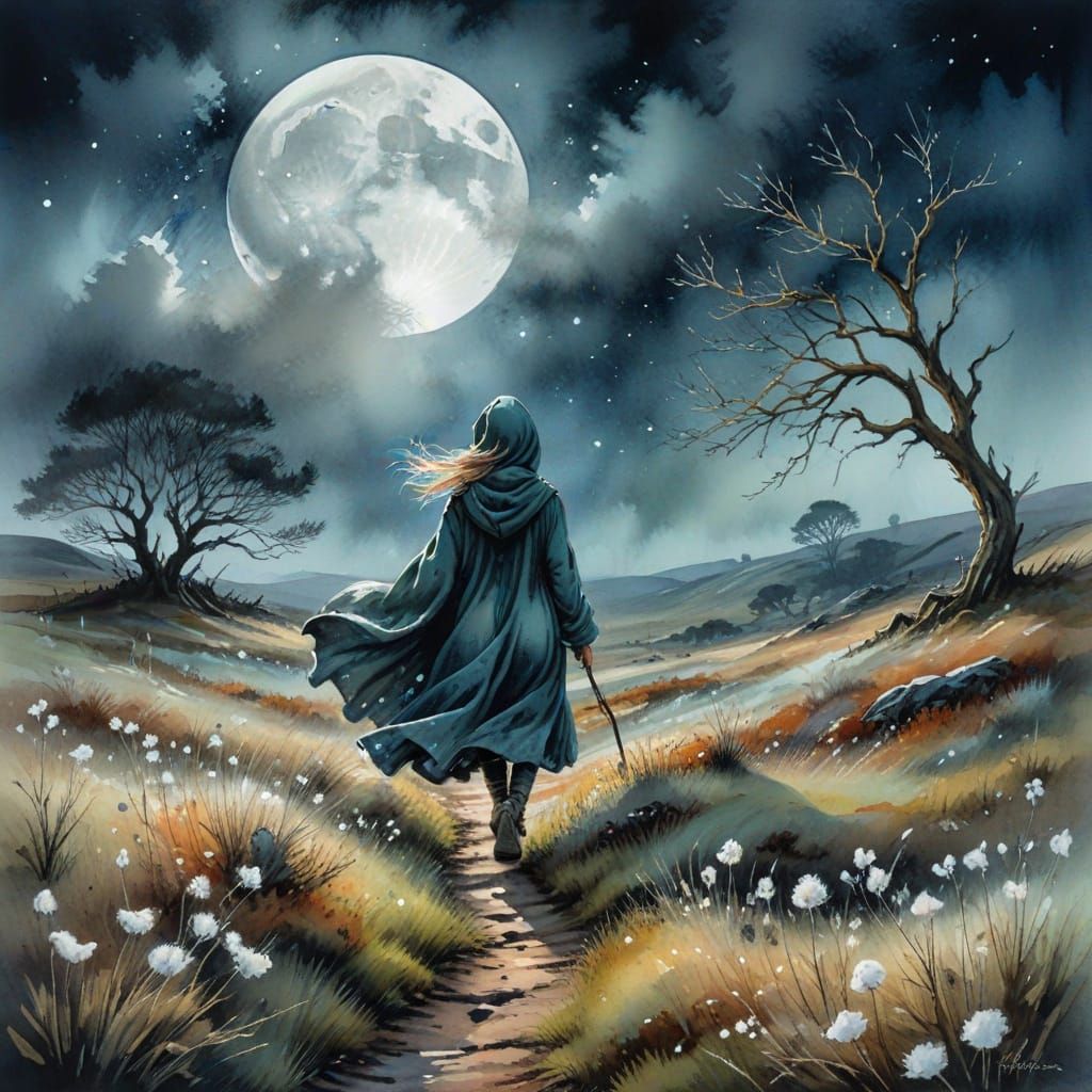 Misty Moonlit Moorland with Woman, Watercolor Art