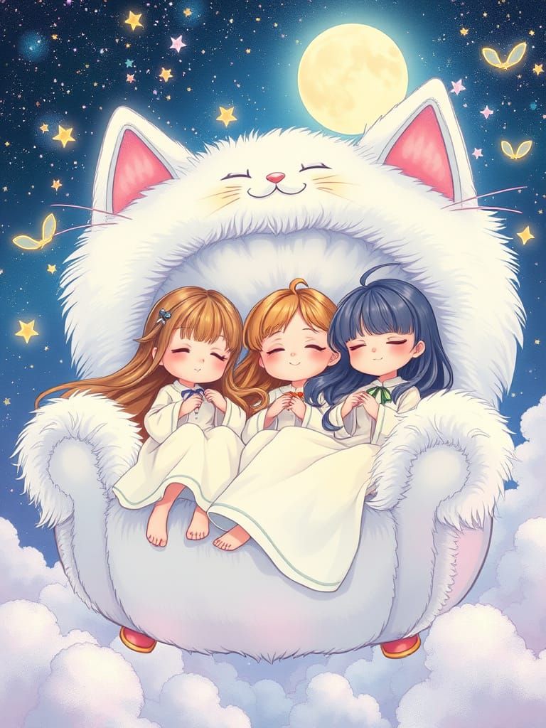 Cute Sisters Fly Through the Night Sky