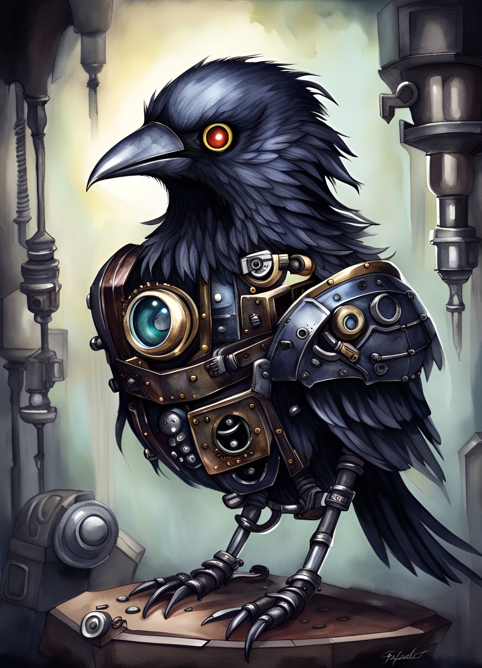 Steampunk Robotic Raven Digital Illustration