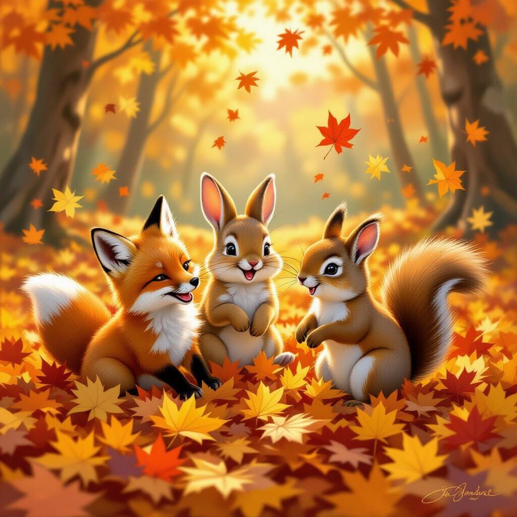 Woodland Creatures Play in Autumn Leaves