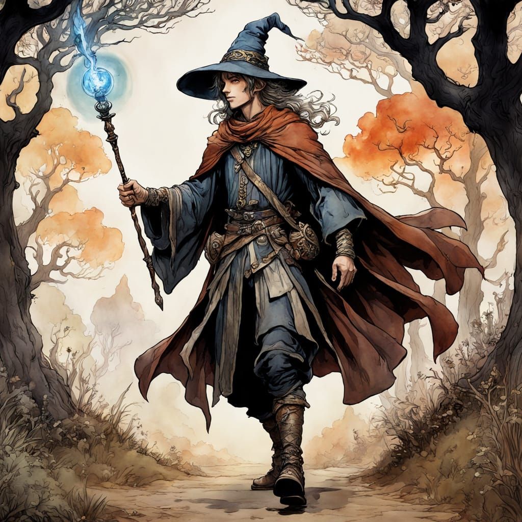 Whimsical Wizard in Watercolor Forest
