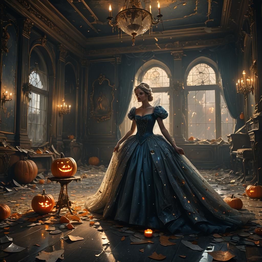 Dark Fantasy Cinderella in Abandoned Ballroom Illustration